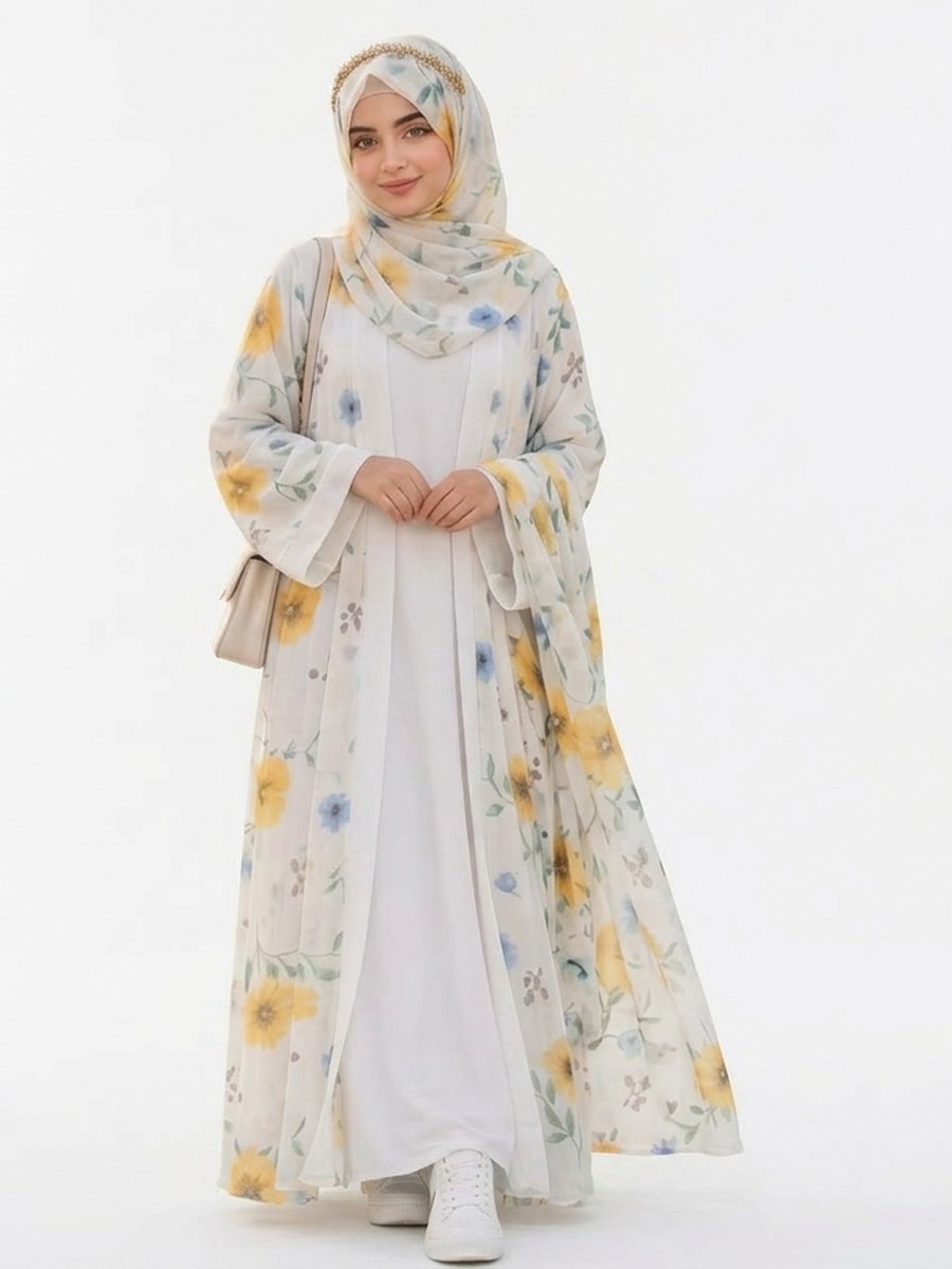 Floral Yellow Chiffon 3-Piece Abaya Set